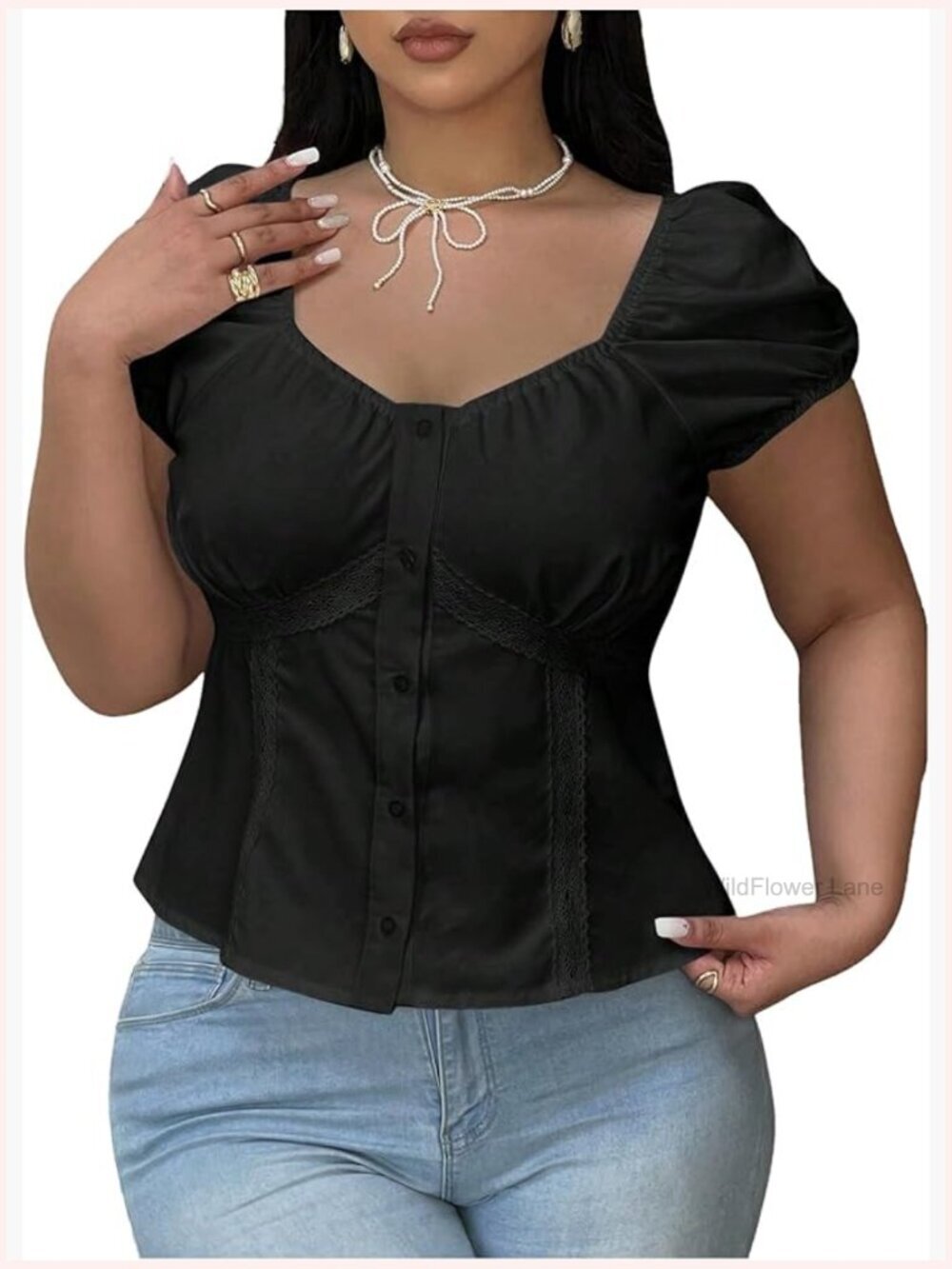 Puff Short Sleeve Button Down Blouse with Lace Flare Hem
